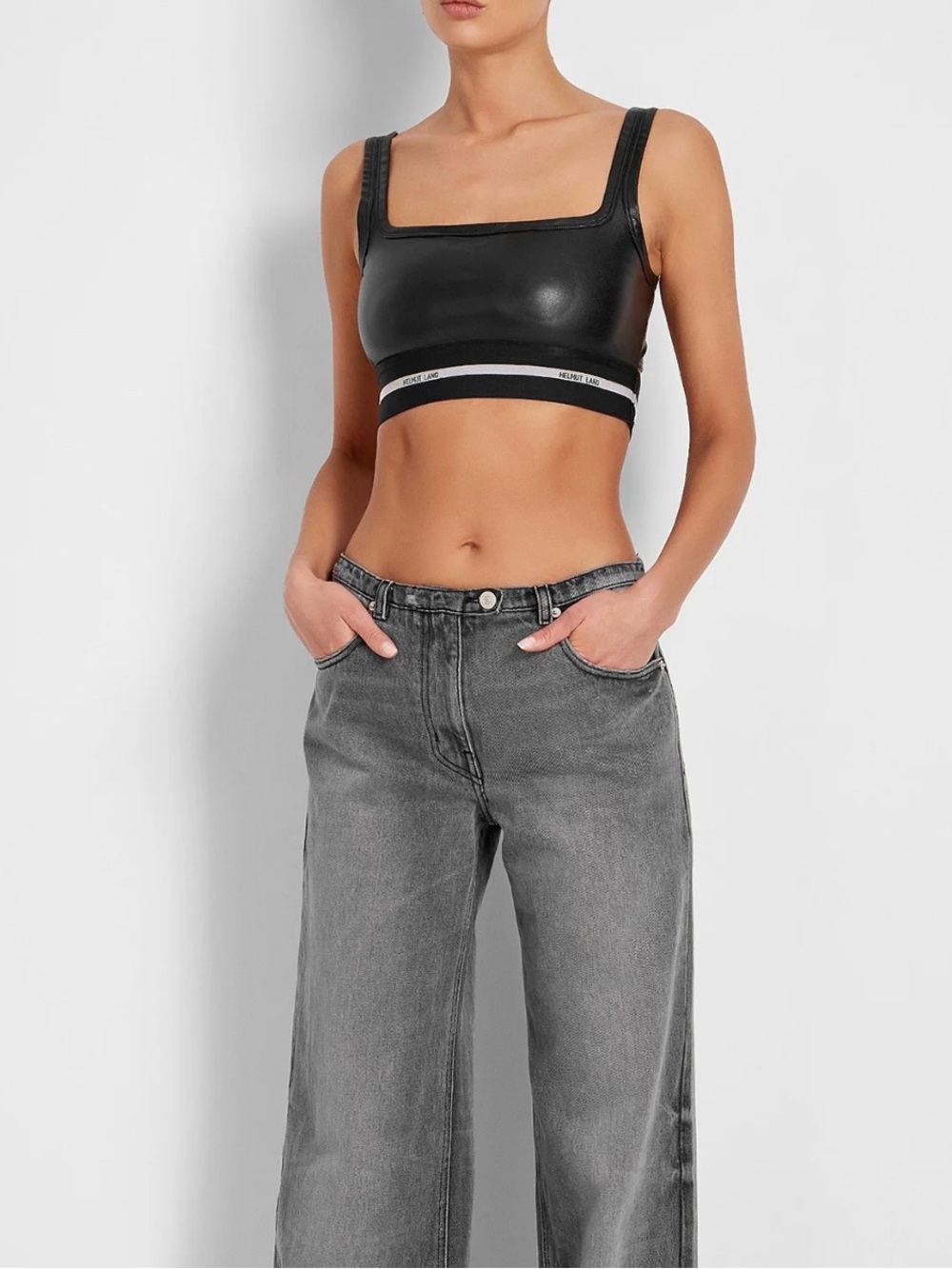 Helmut Lang Black Crop Top Logo Band
Faux Leather Cotton Spandex